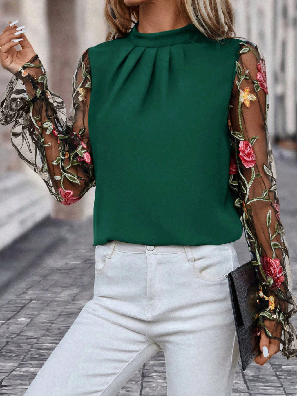 Women's Half-Neck Blouse With Patchwork 3D Embroidered Mesh Fabric