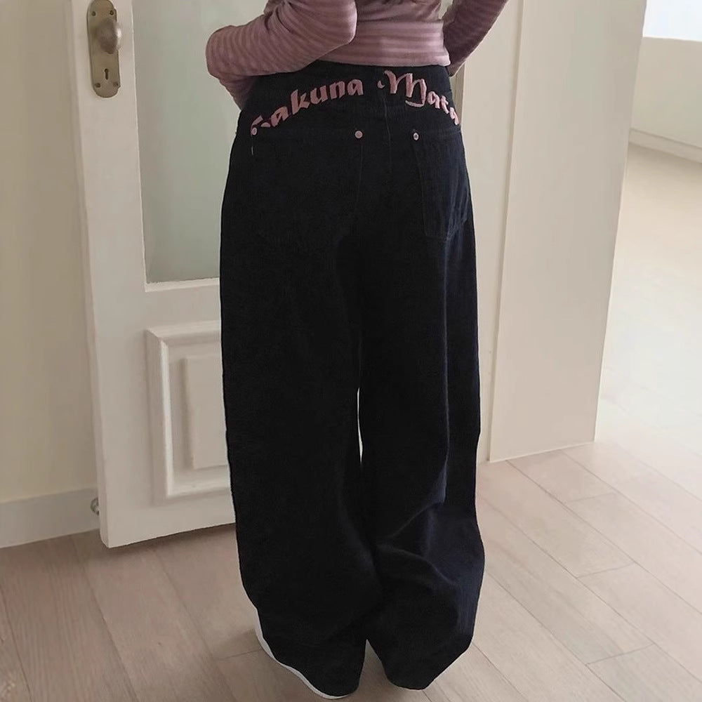 Letter-embroidered Printed High-waist Slimming Straight-leg Jeans