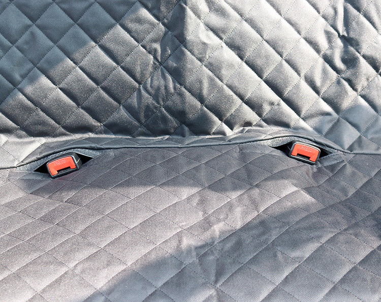 Dog car seat cover with mesh view, zipper, and pocket, designed for pet travel safety and protection on rear car seats.