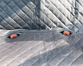 Dog car seat cover with mesh view, zipper, and pocket, designed for pet travel safety and protection on rear car seats.