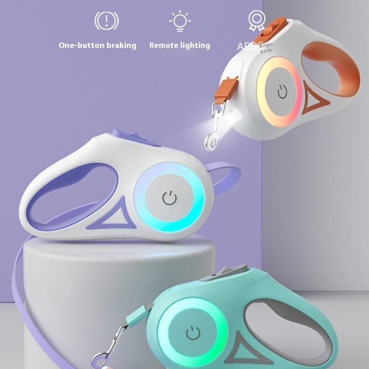 Retractable dog leash and collar with LED spotlight for small and medium pets, featuring automatic traction and durable design.