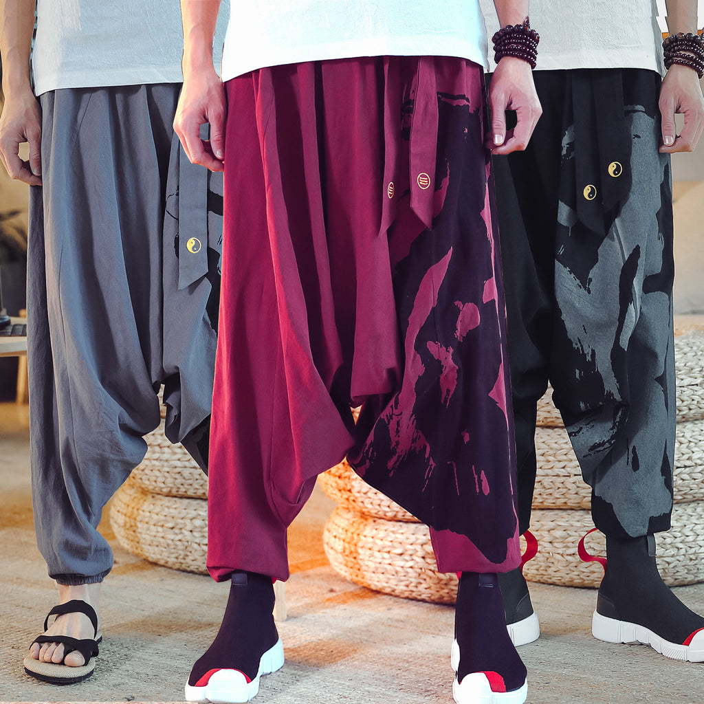 Baggy-Herrenhose im chinesischen Stil aus Baumwolle und Leinen mit bedruckten Bündchen am Knöchel