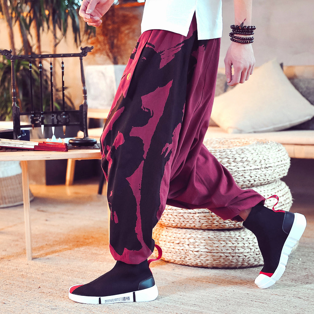 Baggy-Herrenhose im chinesischen Stil aus Baumwolle und Leinen mit bedruckten Bündchen am Knöchel
