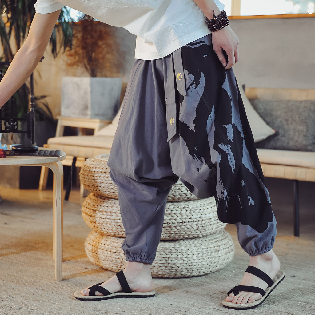 Baggy-Herrenhose im chinesischen Stil aus Baumwolle und Leinen mit bedruckten Bündchen am Knöchel