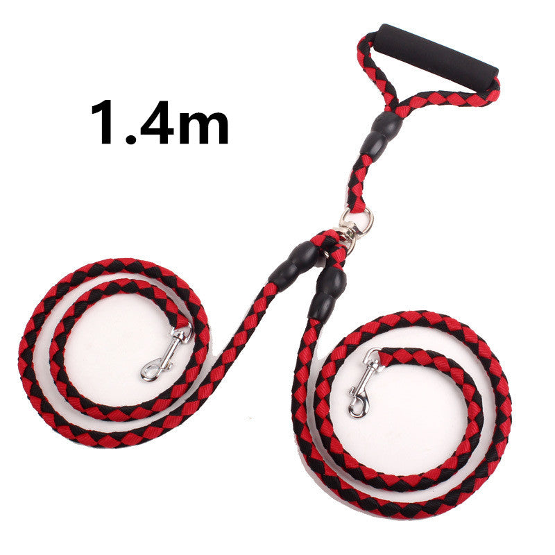 Double-ended dog traction rope with handles for walking, featuring durable collar attachments, suitable for pet walking and training.