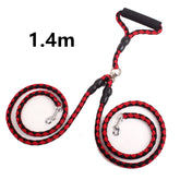 Double-ended dog traction rope with handles for walking, featuring durable collar attachments, suitable for pet walking and training.