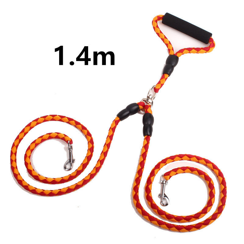 Double-ended dog traction rope with collars, sturdy pet leash for walking and training, from Bucciato pet supplies.