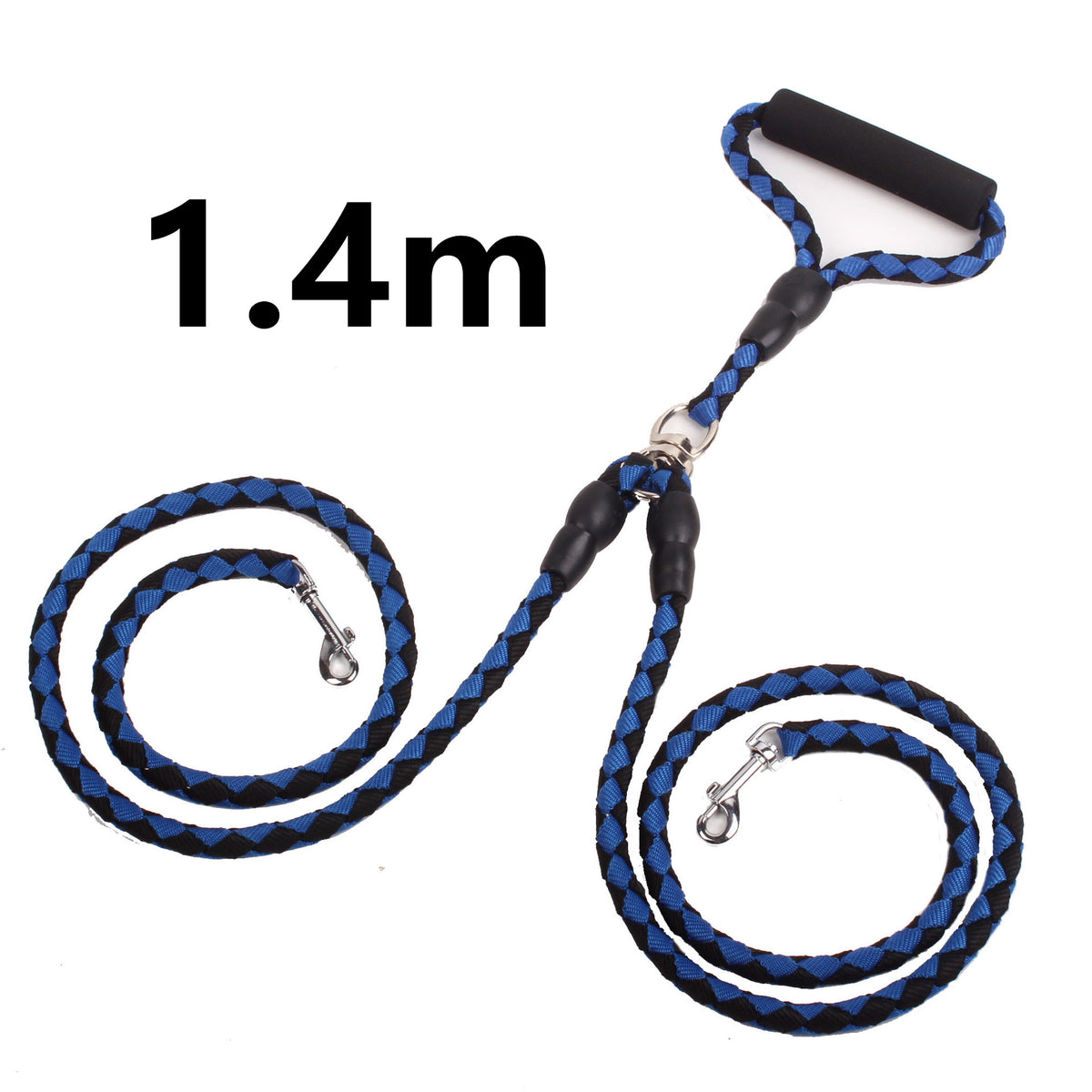 Double-ended dog traction rope with handles for walking, made of durable material, suitable for training and control.