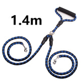 Double-ended dog traction rope with handles for walking, made of durable material, suitable for training and control.