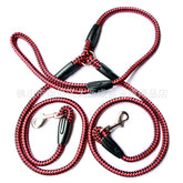 Double-ended dog traction rope with two leashes and collars, suitable for walking and training pets.
