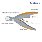 Pet nail clippers with magnifying glass and built-in light, Bucciato multifunctional grooming tool for easy pet nail trimming.