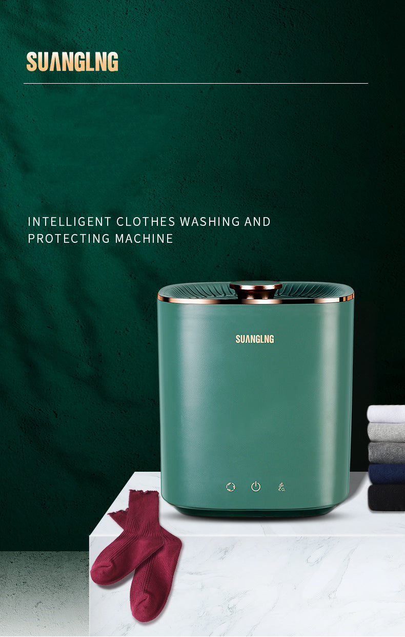Mini portable fully automatic washing machine for dorms and travel, compact design ideal for underwear and small laundry loads.