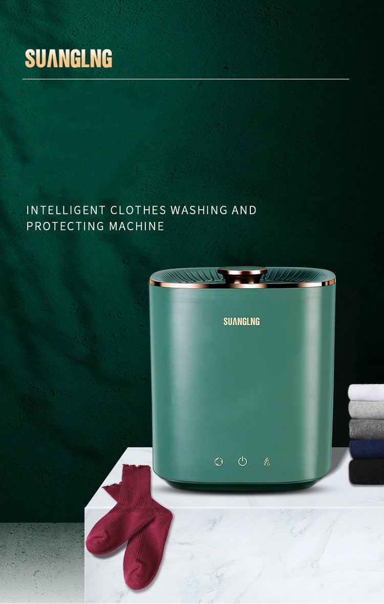 Mini portable fully automatic washing machine for dorms and travel, compact design ideal for underwear and small laundry loads.