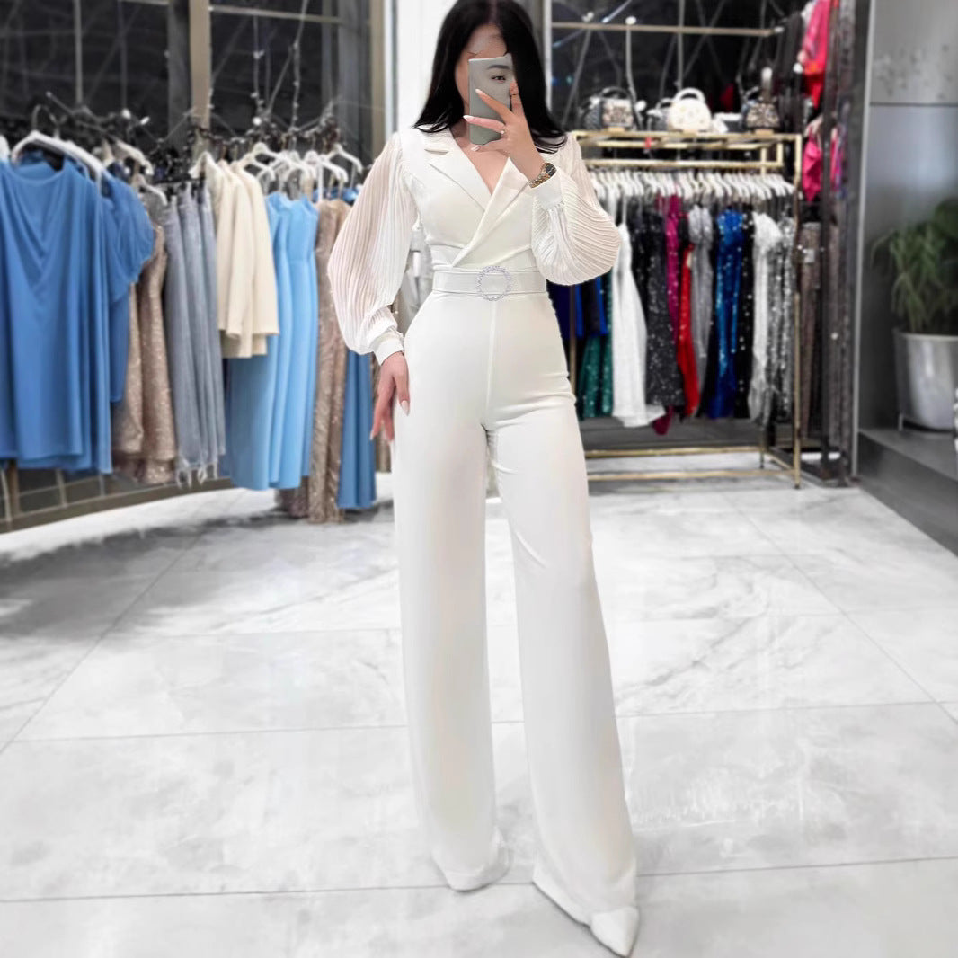 Fitted Jumpsuit With Pleated Long Sleeves And A Blazer Collar
