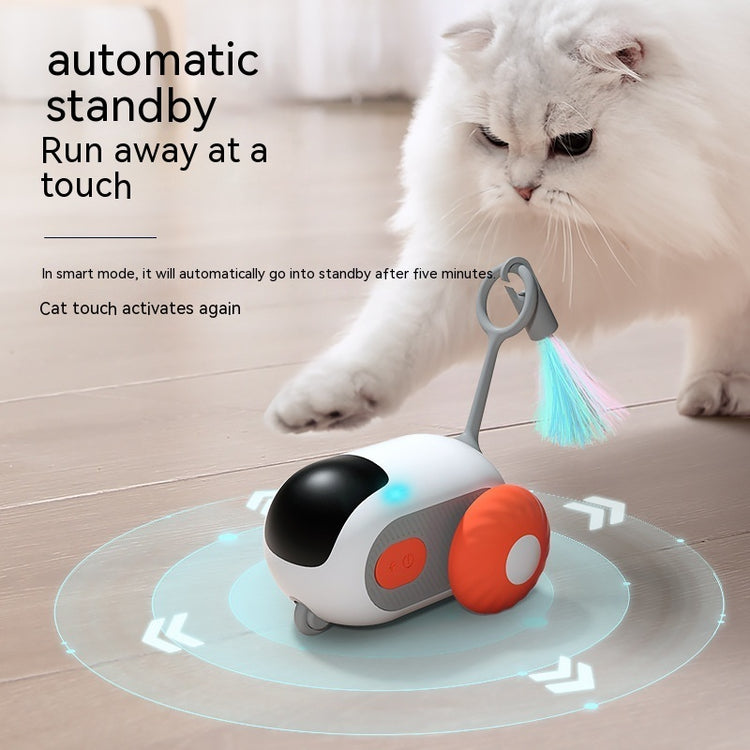 Interactive cat toy car by Bucciato with remote control, USB charging, and self-moving feature for engaging pet play.