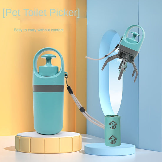 Dog pooper scooper with garbage bag holder and shovel for easy waste pickup, designed for pet waste cleaning.