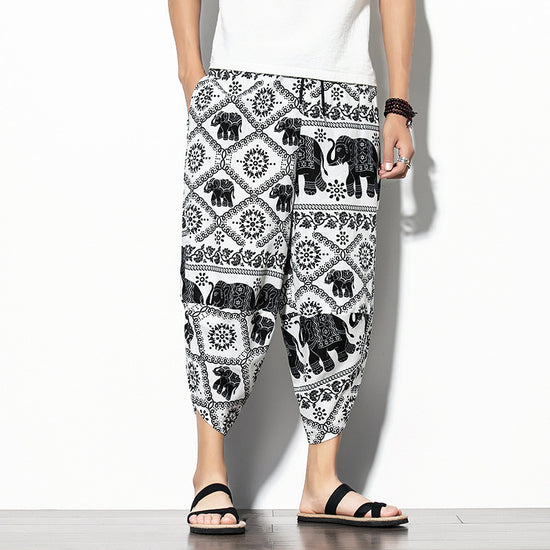 Bedruckte Hose, Baggy-Baumwolle und Leinen, lockere, lässige Cropped-Hose