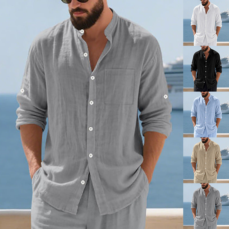 Breathable Linen Men's Button-Up Stand-Collar Long-Sleeve Shirt
