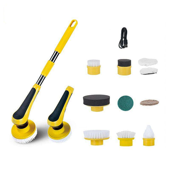 Electric spin scrubber cleaning brush by Bucciato, wireless, adjustable, with multiple attachments for bathroom, kitchen, and windows.