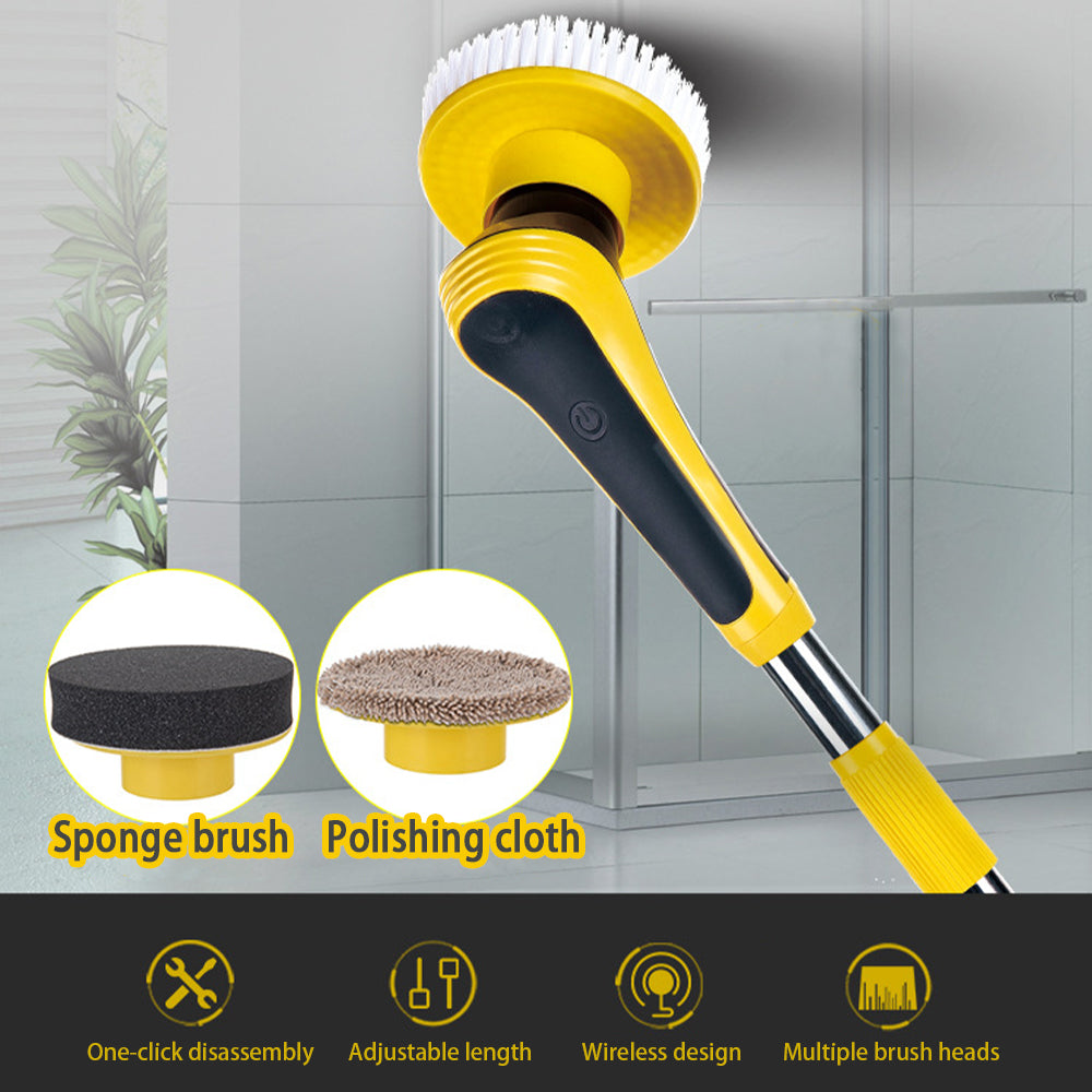 Electric spin scrubber cleaning brush by Bucciato, wireless, adjustable, multifunctional for bathroom, kitchen, and windows cleaning.