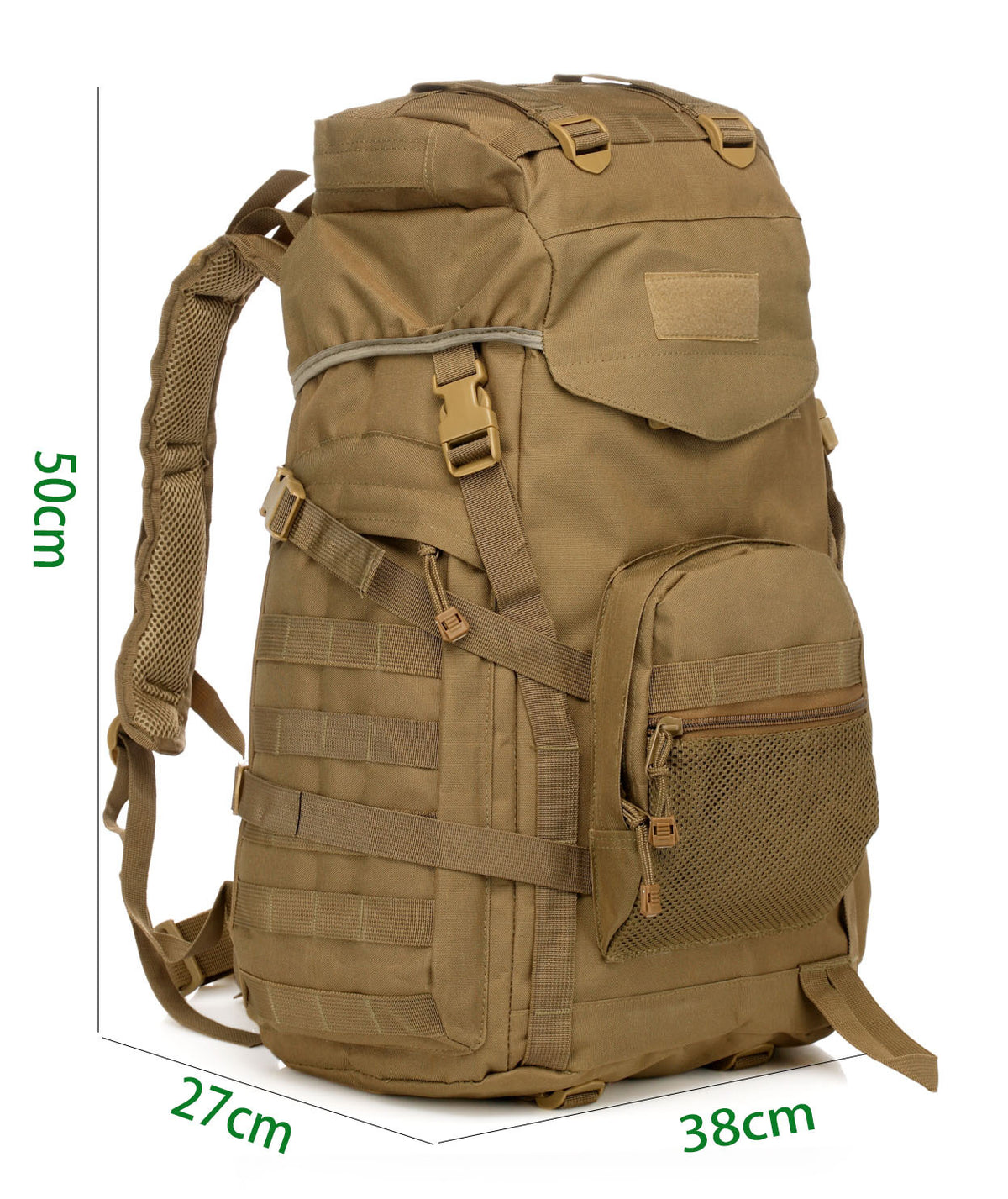 Camouflage backpack by Bucciato for camping, hiking, travel, and cycling, showing adjustable shoulder straps and multiple compartments.