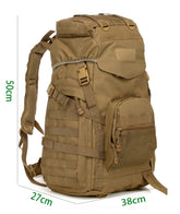 Camouflage backpack by Bucciato for camping, hiking, travel, and cycling, showing adjustable shoulder straps and multiple compartments.