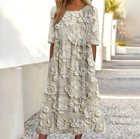 Schlichtes, stilvolles und elegantes Damenkleid mit Rundhalsausschnitt