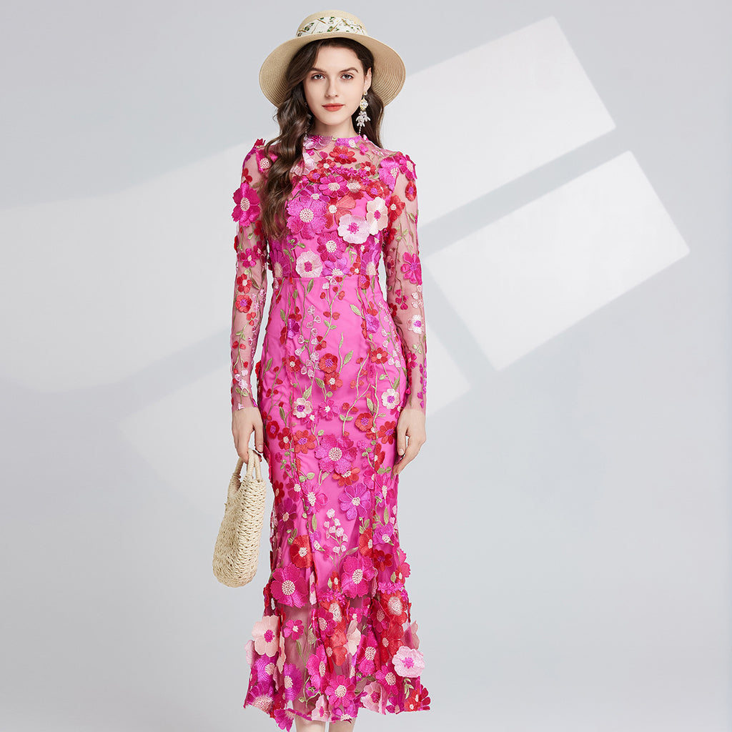 Dress Elegant Embroidered 3D Flower Design, Defined Waistline Long Sleeves