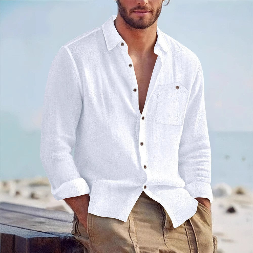 Men's Linen Loose-fit Solid-color Lapel Cardigan Shirt