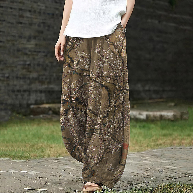 Womens Retro Artistic Floral Print Casual All-Match Pants