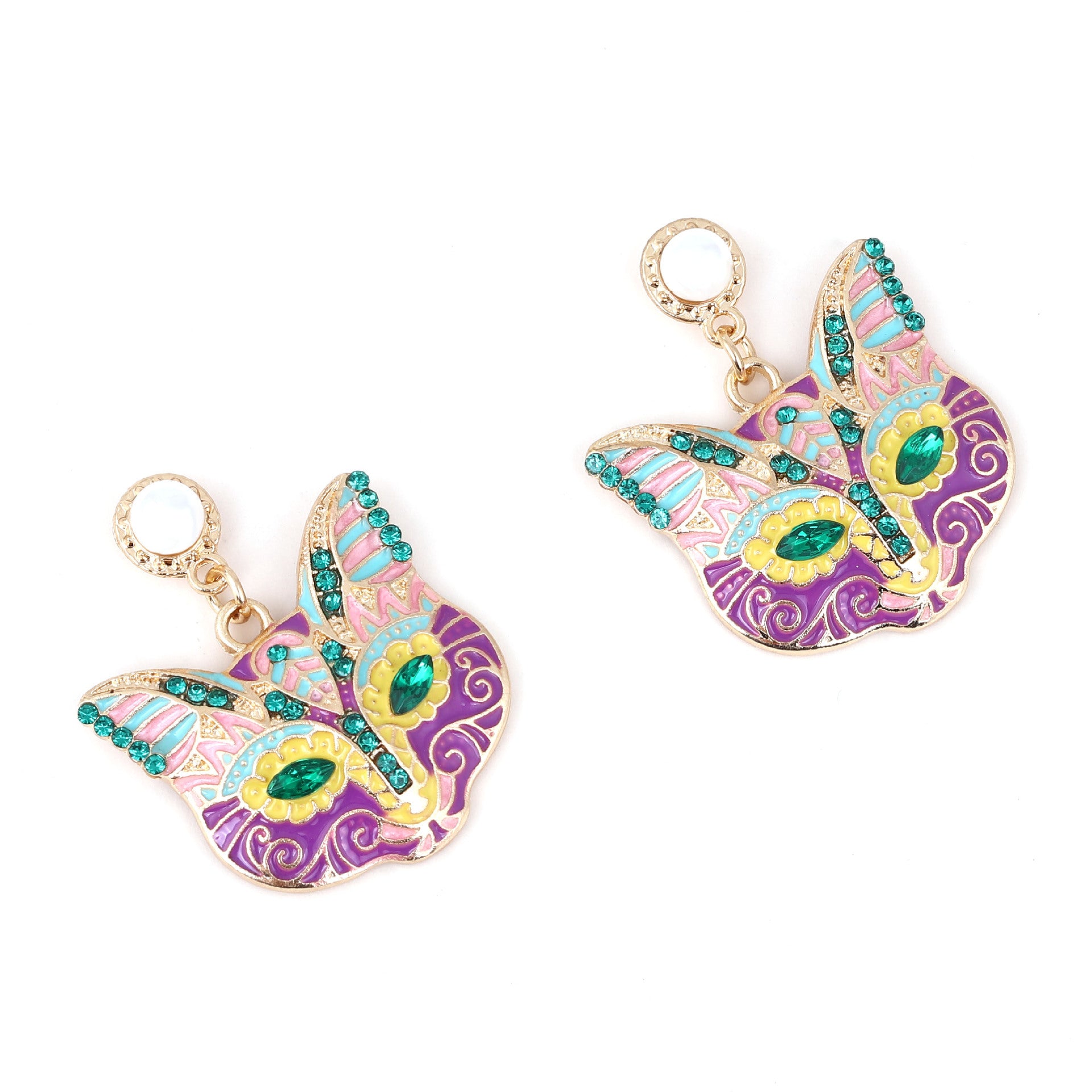 Cartoon Nine-Tailed Cat Face Alloy Earrings Inlaid With Colorful Diamonds