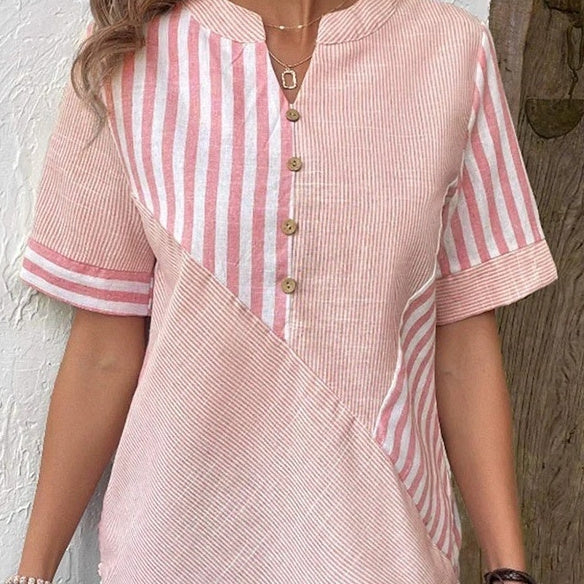 Women's Plus-Size Asymmetrical Striped Patchwork Cotton-Linen Top