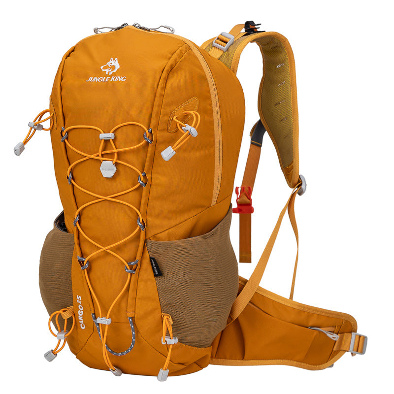 Outdoor zippered foldable hiking backpack in black with multiple compartments and adjustable straps, designed for outdoor adventures.