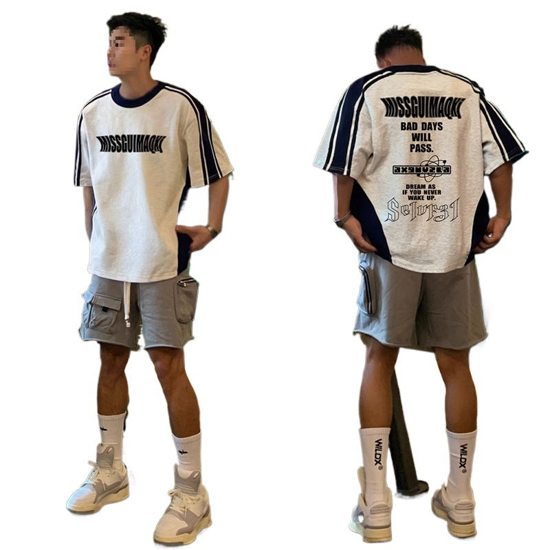 Creative Niche-printed Gray-and-white Short-sleeve Top