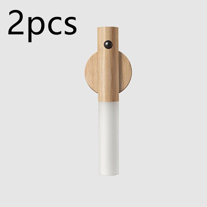 Bucciato wireless night light with magnetic wood finish, PIR motion sensor, USB power, wall mount for corridors and cabinets.