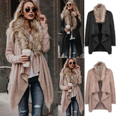 Women’s plush trench coat with fur collar, stylish outerwear by Bucciato featuring a cozy, sophisticated design.