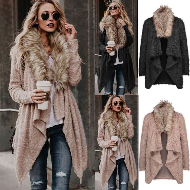 Women’s plush trench coat with fur collar, stylish outerwear by Bucciato featuring a cozy, sophisticated design.
