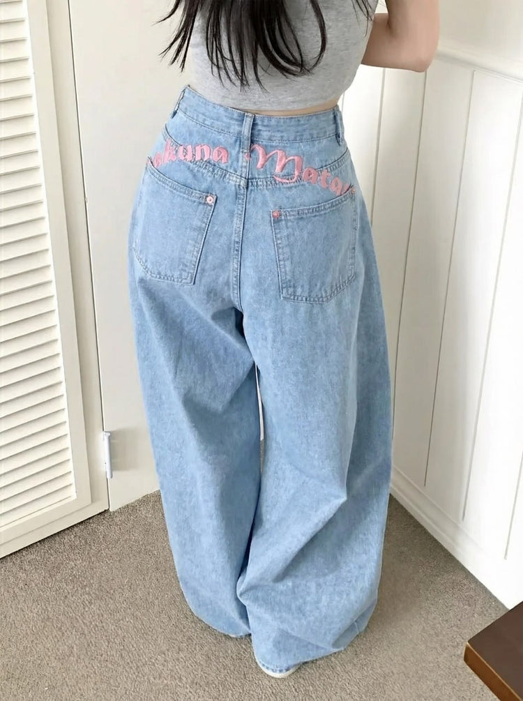 Letter-embroidered printed high-waist slimming straight-leg jeans by Bucciato, showcasing luxury women&