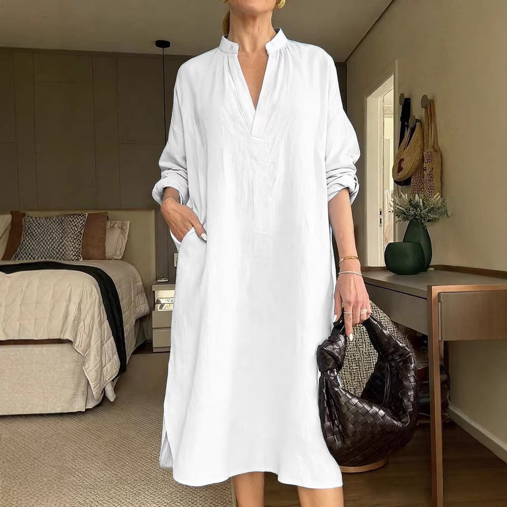 Women's Retro Cotton-Linen Long-Sleeve V-Neck Pocket Dress
