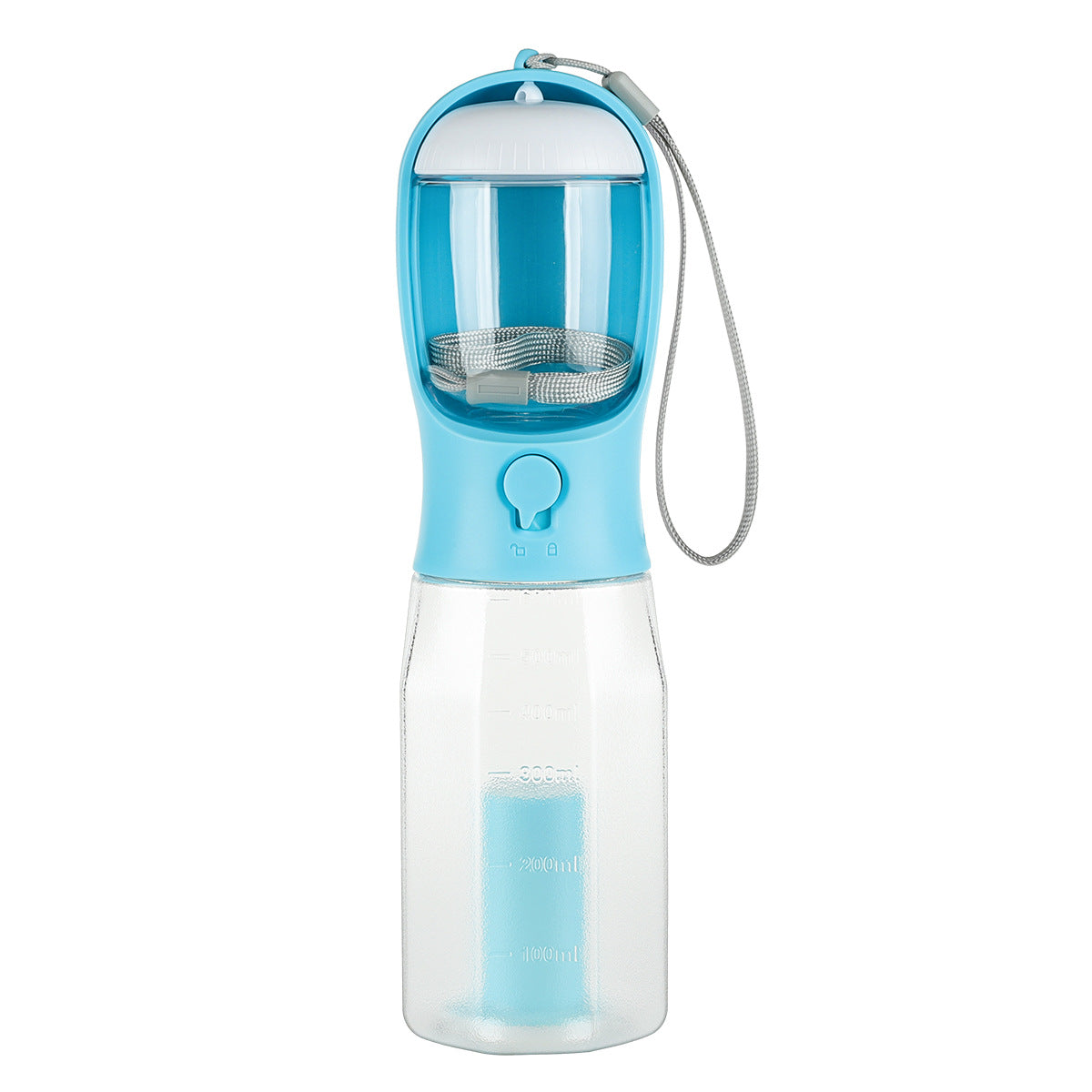 Portable Bucciato 3-in-1 dog and cat water bottle with food dispenser, drinker, and leak-proof design for pets.