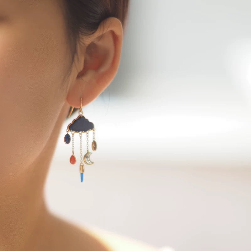 Blue Cloud Star And Moon Pendant Tassel Earrings