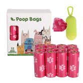 Biodegradable dog poop bags in roll, pet waste disposal supplies, with green and white packaging from Bucciato Multi-Product Store