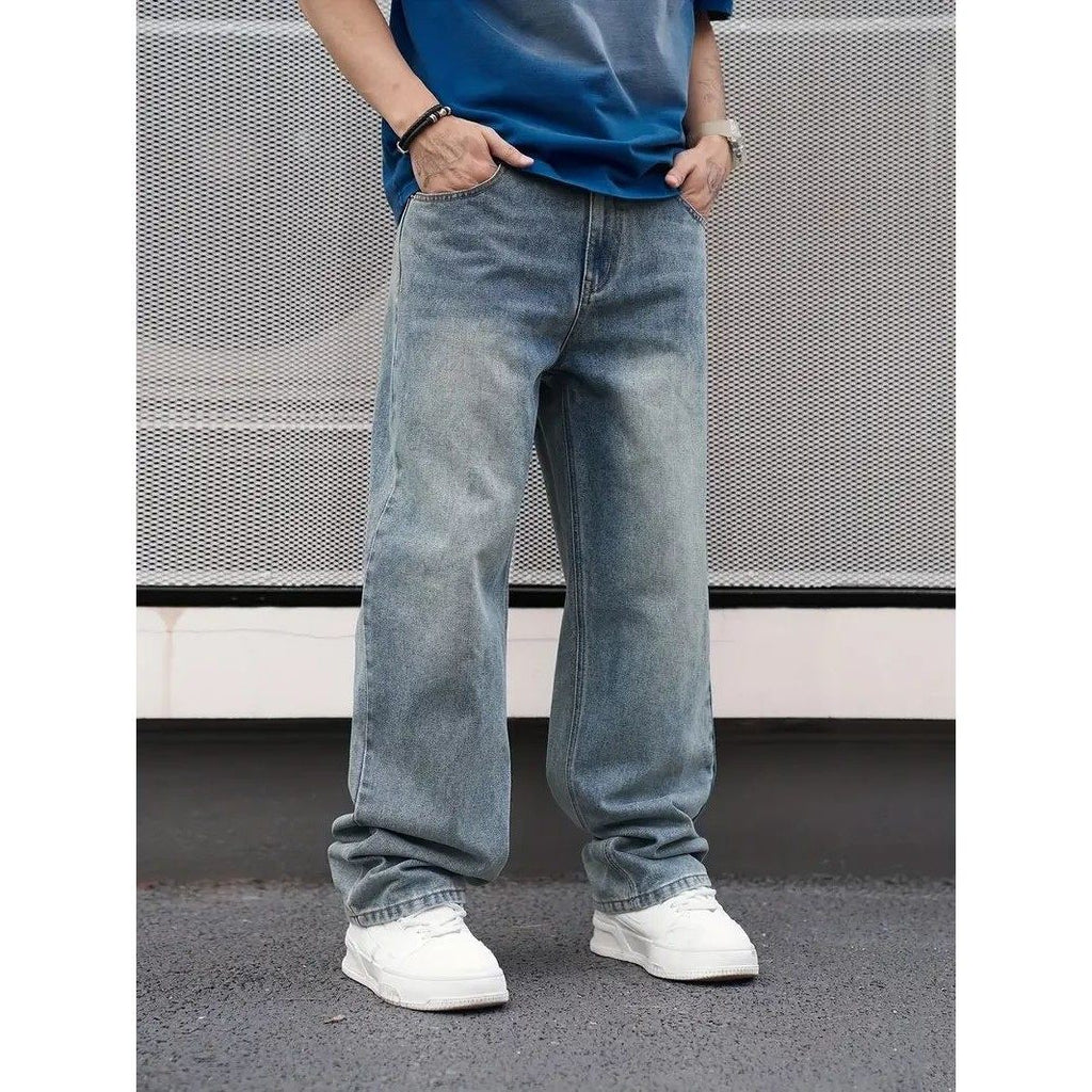 Men's Casual Straight Wash Jeans - Light Blue Loose Fit Ob