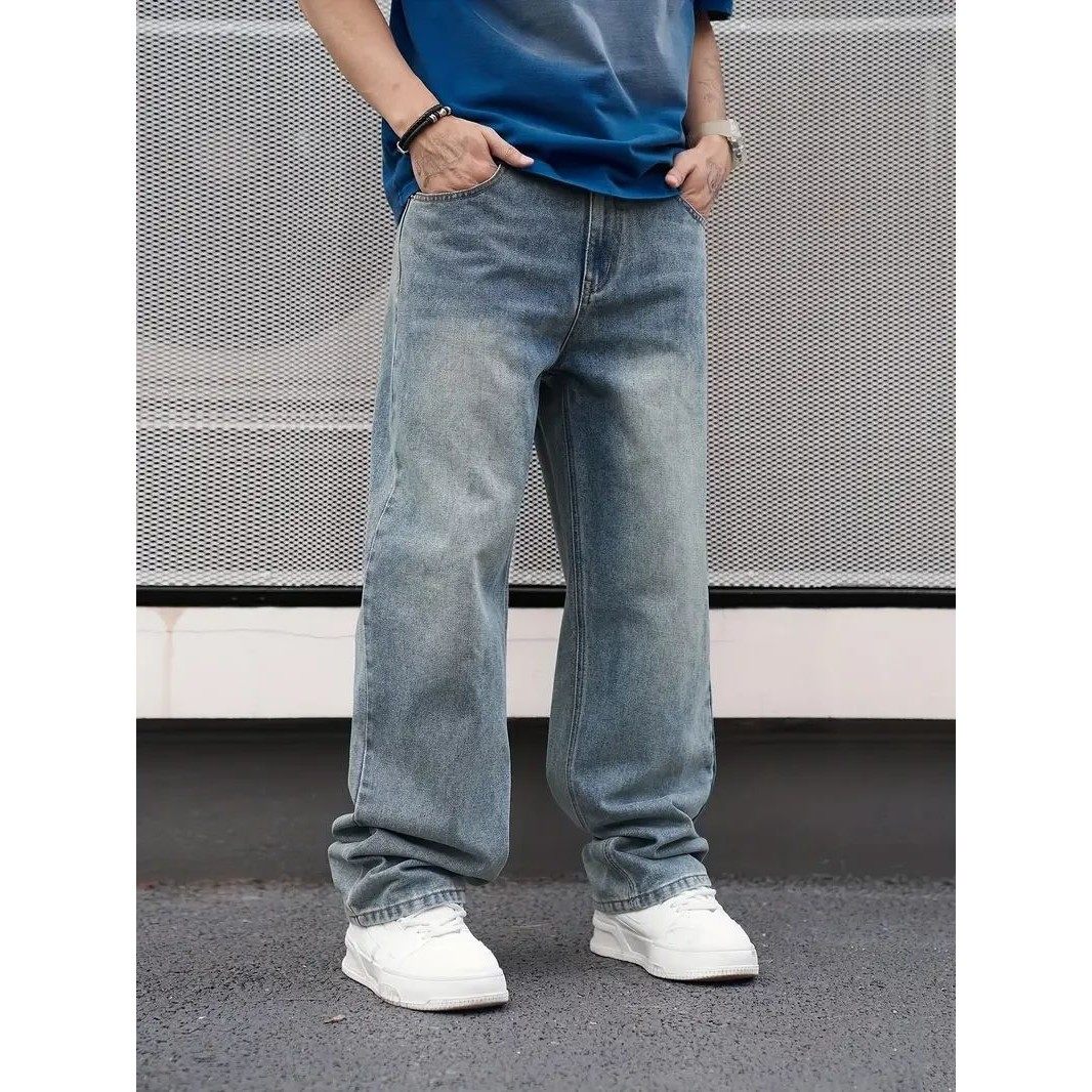 Men's Casual Straight Wash Jeans - Light Blue Loose Fit Ob
