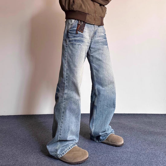 Herren Retro-Hose aus Bambusfaser mit gewaschenem, gebleichtem und abgenutztem Blitzstreifenmuster