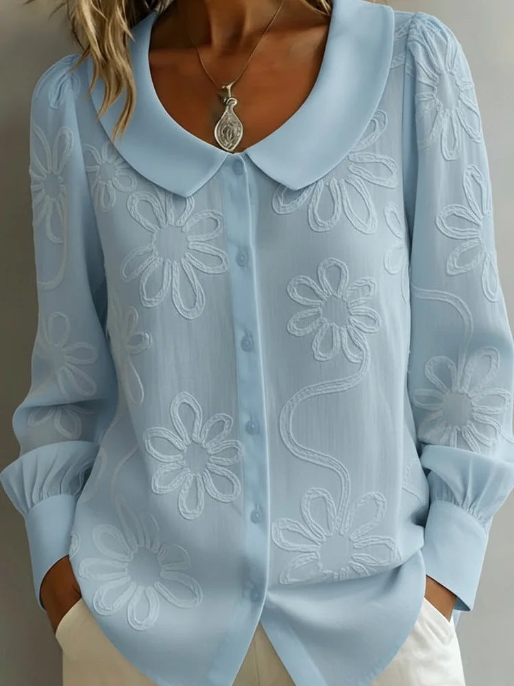 Women's Embroidered Jacquard Doll Collar Long-Sleeve Shirt