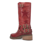 Women’s designer ankle boots with stitched belt buckle detail, low heel, and stylish low-heeled design by Bucciato.