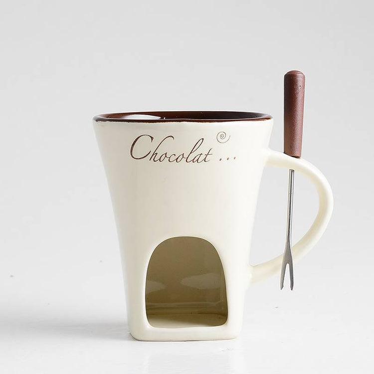 Mini fondue mug set with small pots for chocolate, cheese, or ice cream melting, ideal for dessert serving and kitchen use.