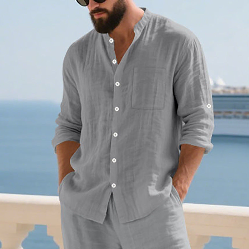 Breathable Linen Men's Button-Up Stand-Collar Long-Sleeve Shirt