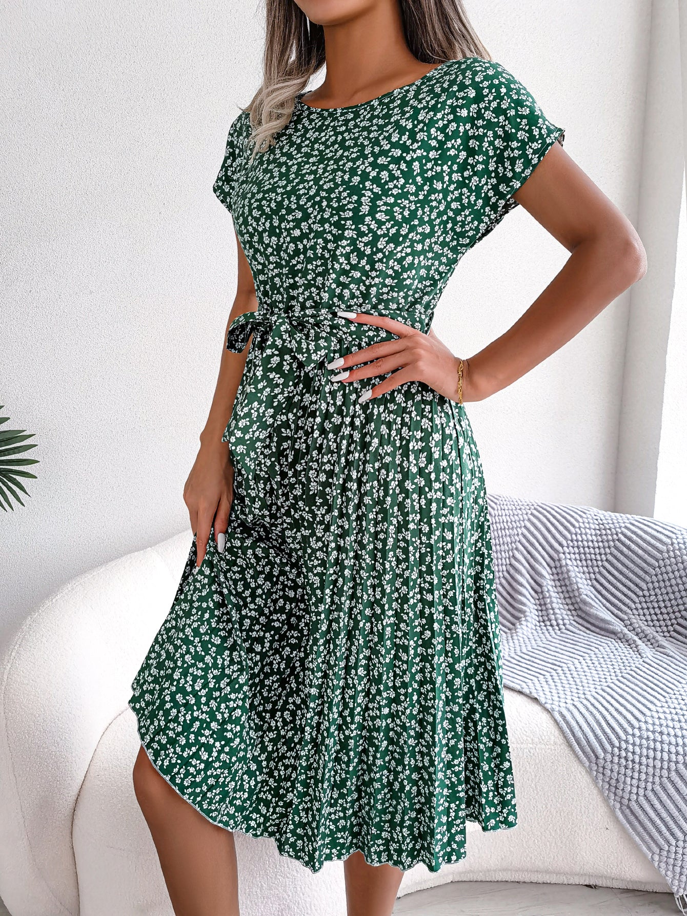 Women   Casual Short Sleeve Floral Print Flowy Pleated Skirt